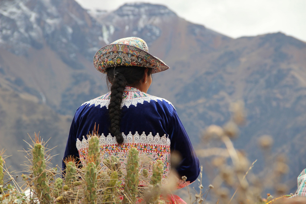 Slika prebivalke Andov v nosi v ospredju kaktusi v zamegljenem ozadju del Andov 10.12.2023