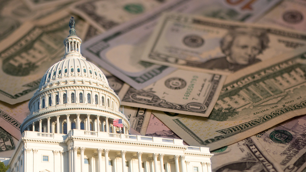 Slika kongresne palace v Washingtonu na podlagi bankovcev ameriskega dolarja proracunski paket 04062023