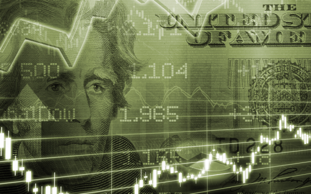 bankovec za 20 dolarjev in graf z borze
